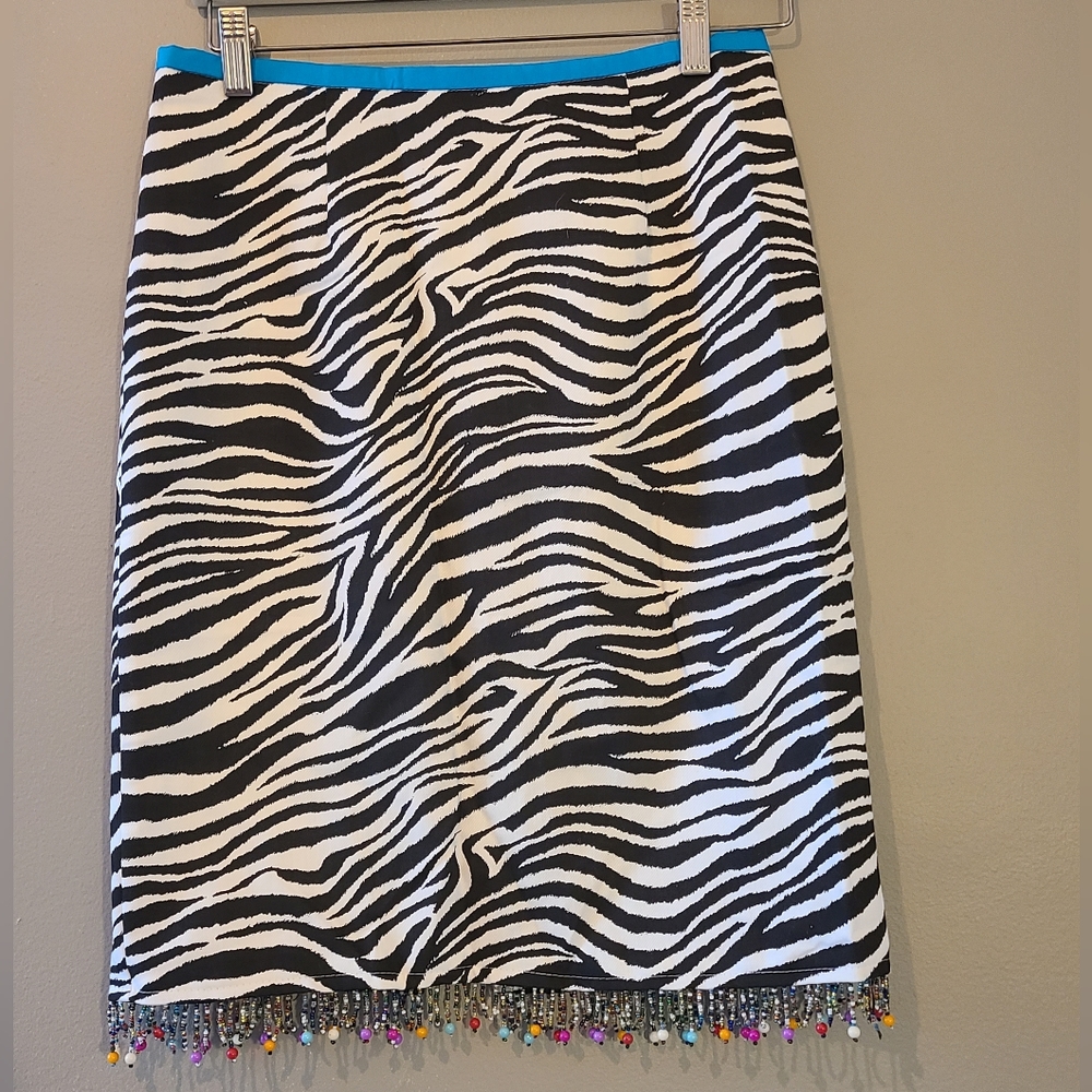 90s zebra print pencil skirt with multicolored bead trim - Size 7